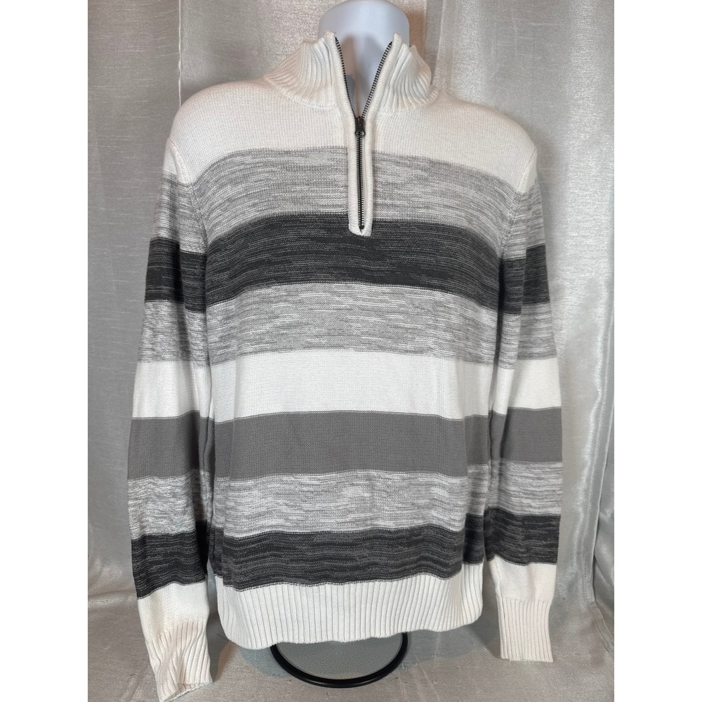 Carbon Mens Striped Quarter Zip‎ Sweater Size S White Grey Black Mock Neck